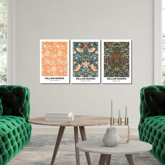 Retro Sage Green and Pink Botanical Prints, Victorian Style 3 Piece Wall Art, William Morris Exhibition Poster Set, Elegant Nature Canvas