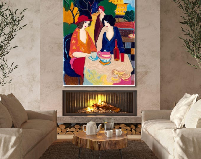 Boho Chic Colorful Female Gathering Print Modern Expressionist Terrace Garden Art Poster