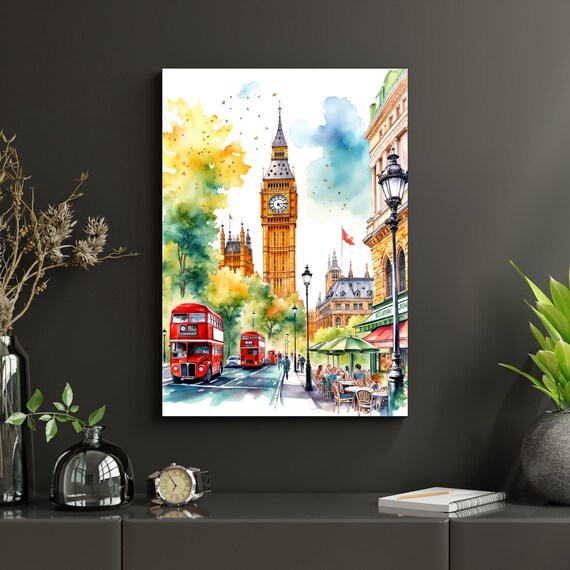 Big Ben Watercolor Canvas Print, London Cityscape Wall Art