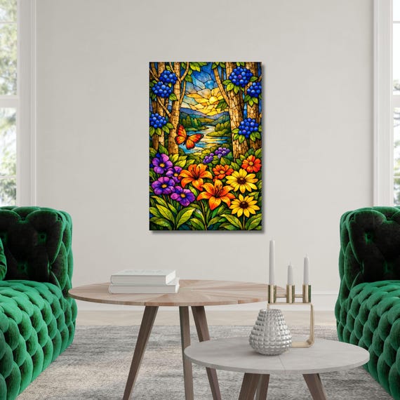 Klimt Flower Meadow Canvas Art, Colorful Mosaic Nature Decor, Impressionist Apple Tree Painting, Gold and Green Floral Wall Decor