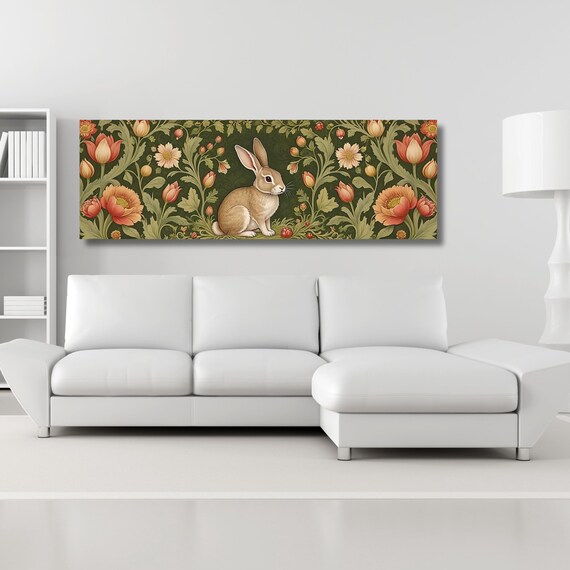 Whimsical Rabbit Canvas in William Morris Style Vintage Floral Animal Wall Art Classic Nature Print for Cottagecore or Nursery Decor Prints