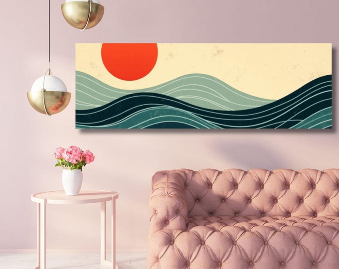 Abstract Sea Waves Canvas Art, Minimalist Sun Beach House Decor (Canvas Poster)