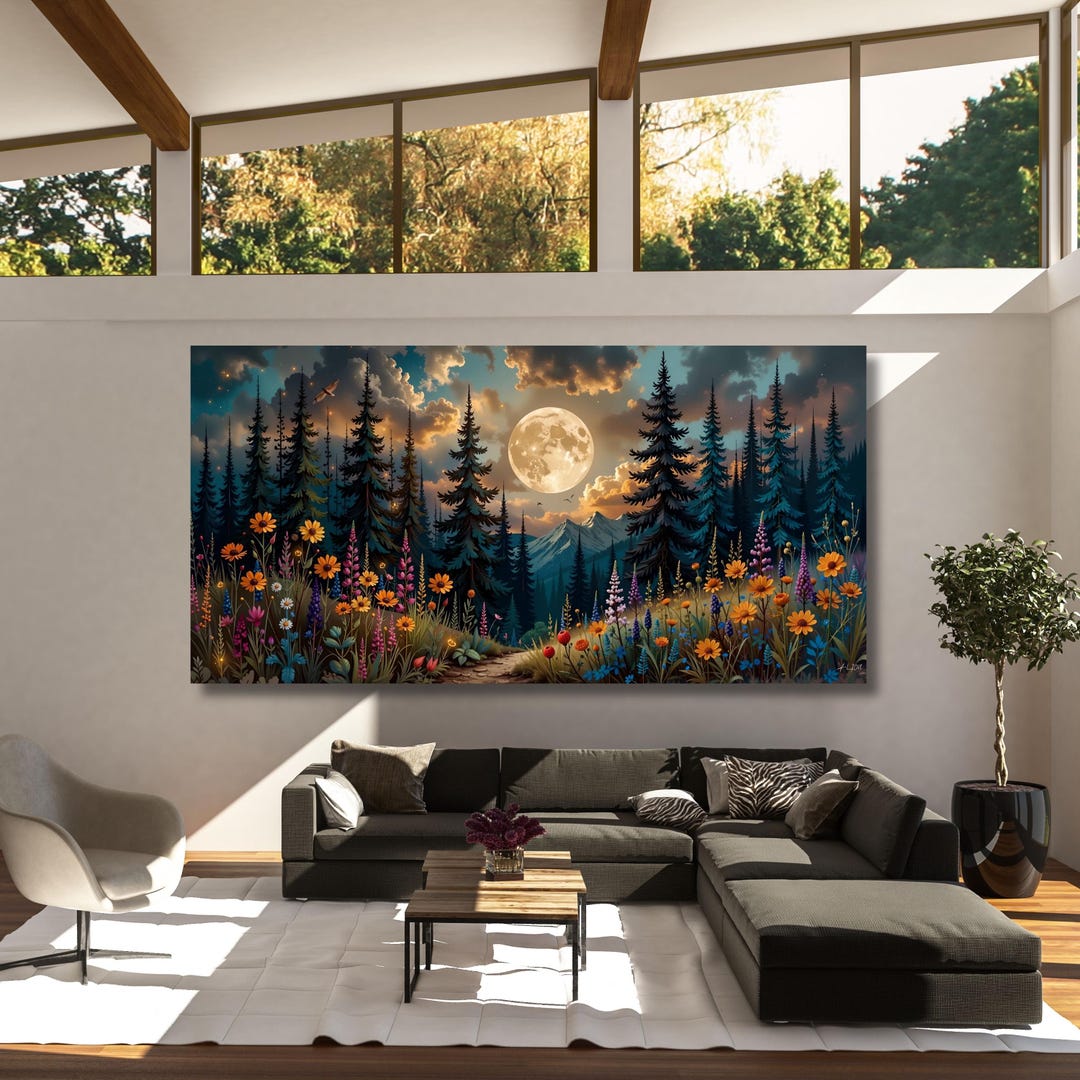 Forest Wildflowers Canvas Wall Art, Moonlit Pine Tree Forest Wall Art ...