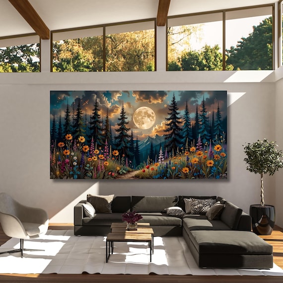 Forest Wildflowers Canvas Wall Art, Moonlit Pine Tree Forest Wall Art, Rustic Forest Painting, Full Moon Wall Art Painting Vintage Forest