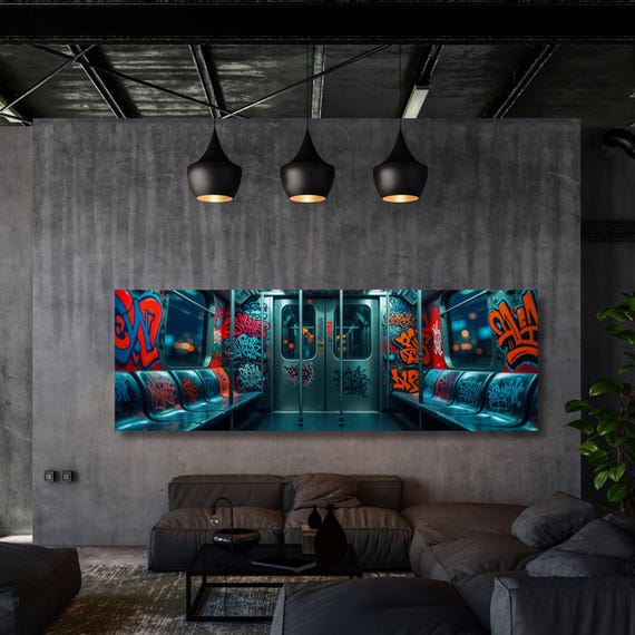 Panoramic Graffiti Subway Train Canvas Print, Urban Street Art Wall Decor, Industrial NYC Pop Art, Modern Graffiti Wall Art Canvas Banksy