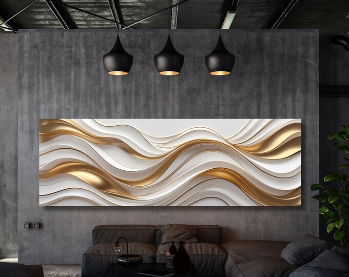 Panoramic Abstract Canvas Art, White Gold Marble Wall Decor, Contemporary Luxury Print