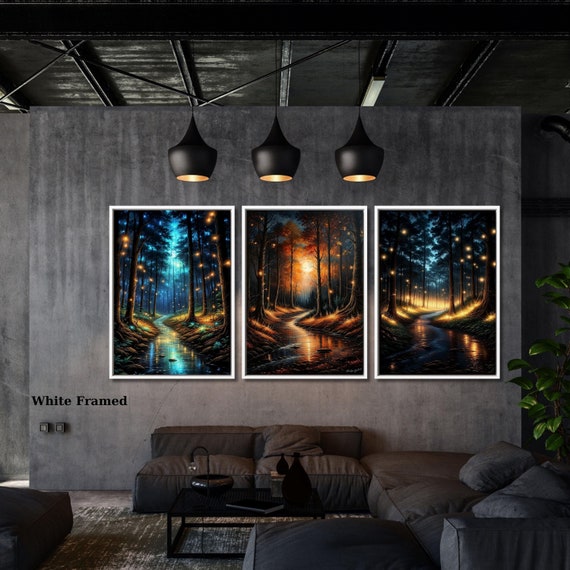 Set of 3 Firefly forest Night Canvas Wall Art Klimt style Firefly forest Canvas Wall Art Modern Living Room Gold Flowers Night Sky wall art