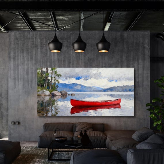 Lone Wooden Red Canoe Floating In Lake Canvas Wall Art Art, Oversize Nature Print with Elegant Modern Wall Hangings Klimt Landscape poster