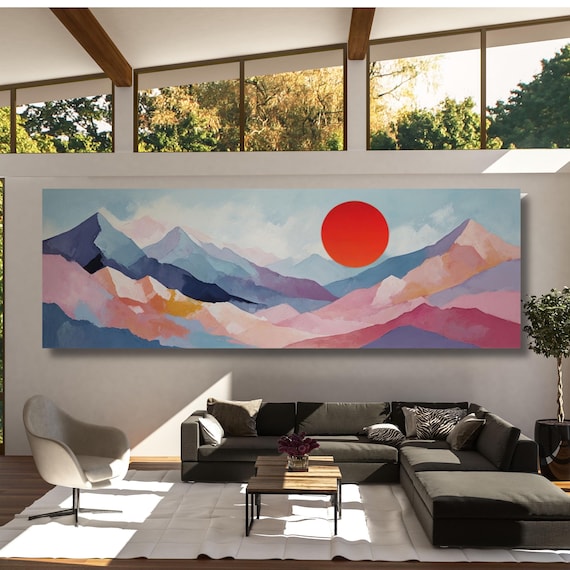 Panoramic abstract sea scape Canvas Art Famous Art,Large Wall Art, Minimalist Canvas Art, Sea Sun Wall art Waves Line Art Beach House Decor