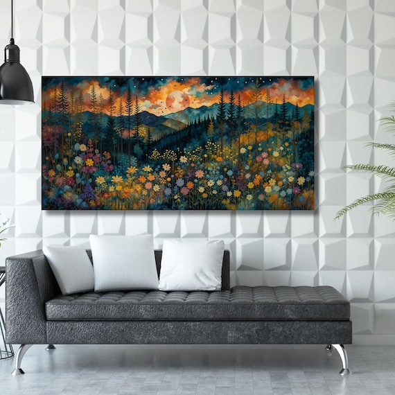 Full Moon Wildflower Canvas Art – Moonlit Forest and Pine Tree Print – Rustic Flower Garden Wall Decor – Klimt-Inspired Woodland Gift