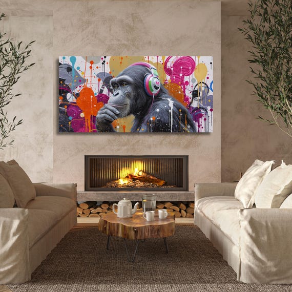 Banksy DJ Monkey Canvas Wall Art Banksy Thinking Monkey Music Thinker Graffiti Wall Art Extra Large Wall Art Gorilla Chimp Ready to Hang