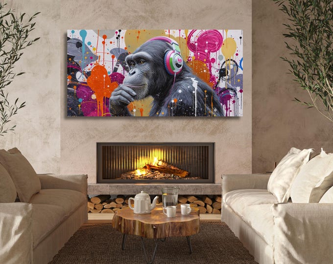 Banksy DJ Monkey Canvas Wall Art Banksy Thinking Monkey Music Thinker Graffiti Wall Art Extra Large Wall Art Gorilla Chimp Ready to Hang