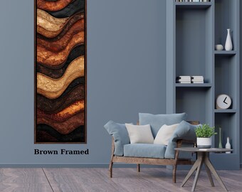 May include: A vertical rectangular wall art piece featuring a brown frame and a textured abstract design of layered, undulating waves in shades of black, dark brown, copper, and gold. The artwork displays a relief-like surface with depth.