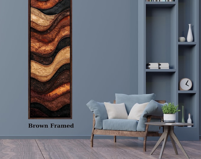 Tree Rings Long Narrow Canvas – Rustic Wood Texture Print Wall Art for Hallway or Above Bed – Natural Earth Tone Print Abstract Brown Black