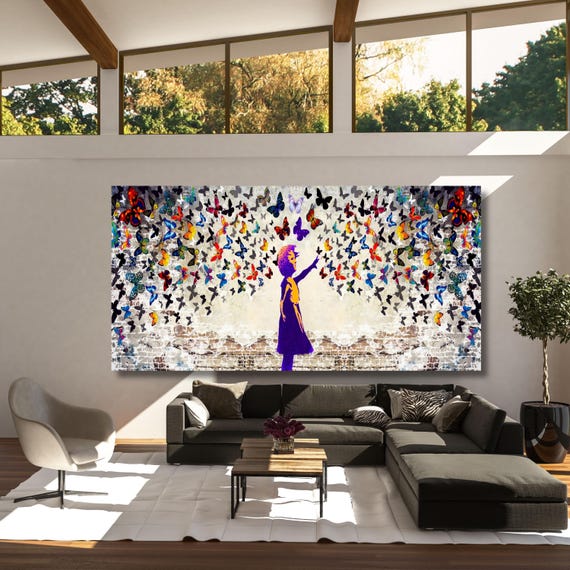 Banksy Butterfly Girl Canvas Wall Art, Colorful Graffiti Street Art Print, Trendy Urban Wall Decor, Modern Banksy Artwork for Home decor Art