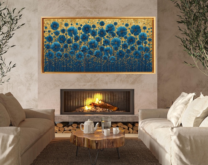 Gustav Klimt Blue Floral Canvas Wall Art, Elegant Flower Garden Print, Art Nouveau Style Home Decor, Vintage Botanical Wall Ready to Hang