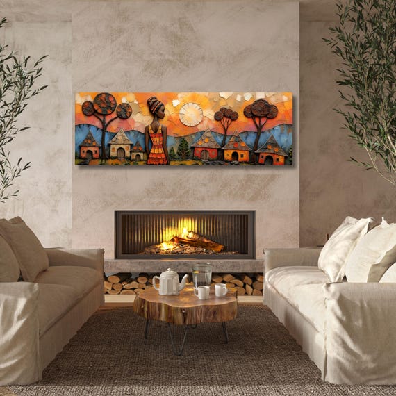 Panoramic Traditional African Village Scene Canvas Wall Art Cultural Canvas Wall Art Unique Gift Home Decor Ethnic Afrocentric Wall Art gift