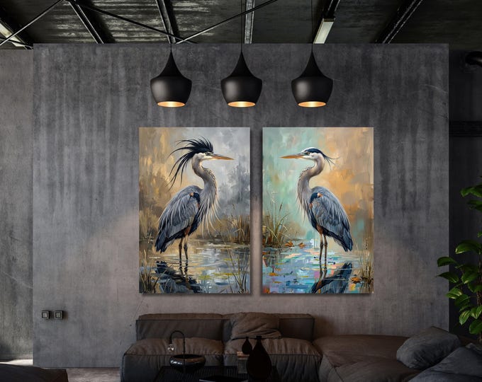 Set of 2 Blue Heron Canvas Prints: Expressionist Coastal Bird Painting (Ready to Hang)