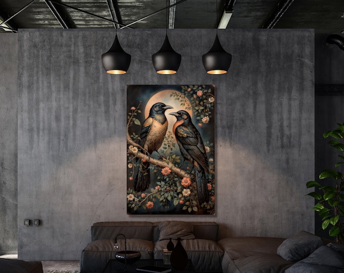 Raven Couple Canvas, Dark Forest Gothic Art (Vintage Cottagecore)