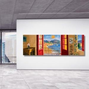 May include: A panoramic painting depicting an interior room with open red shutters looking out onto a coastal Mediterranean town, a blue sea, and a bright yellow sun. A wooden table with a vase of flowers sits on the left side of the room.