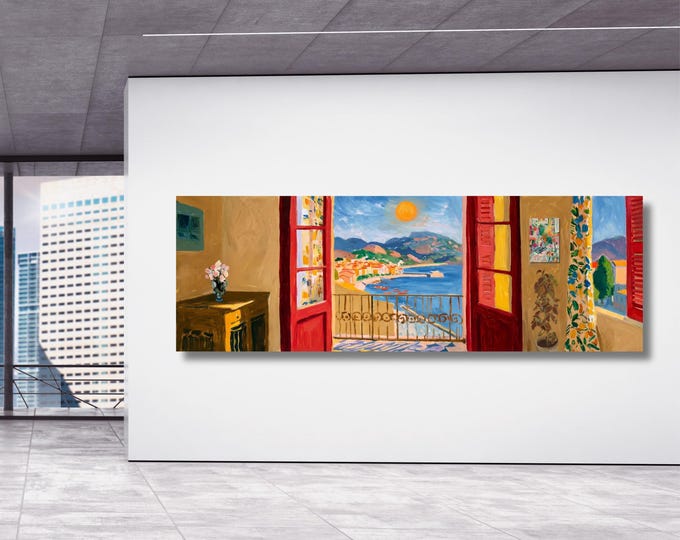 Wide Panoramic Matisse Window View Canvas Print: Vibrant Fauvism Coastal Horizontal Poster Design