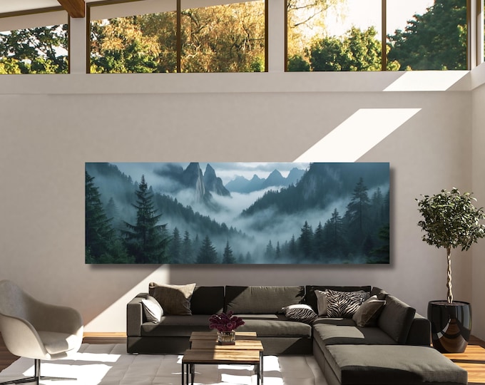 Misty Forest Mountains Panoramic Canvas Print, Foggy Landscape Wall Art