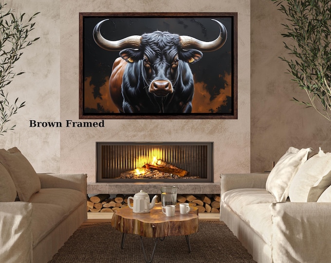 Majestic Bull Canvas Wall Art, Powerful Horned Bull Illustration, Dark Animal Art Print, Rustic Modern Decor, Ready to Hang Artwork canvas