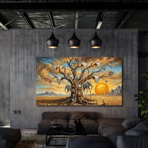 Cuadro surrealista de árboles con relojes derretidos: Elefantes al estilo de Dalí, paisaje desértico, lienzo para pared