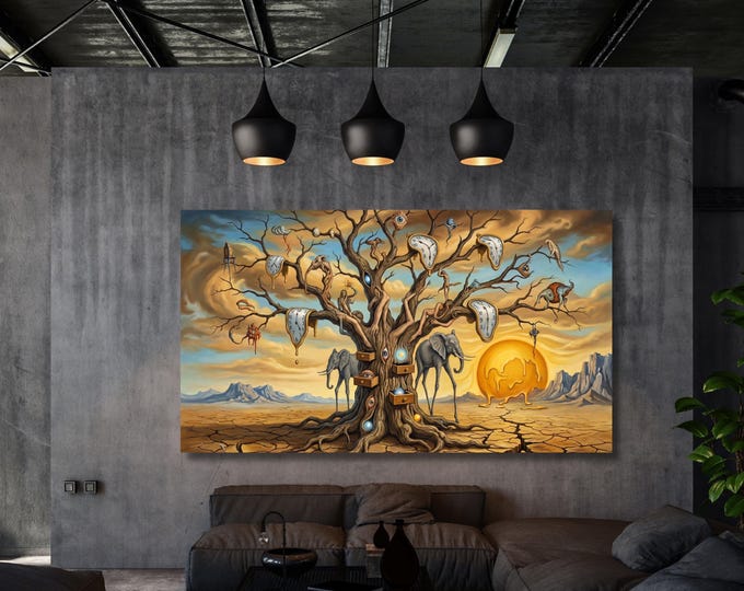 Surrealist Melting Clocks Tree Print: Dali Style Elephants Desert Landscape Canvas Wall Art