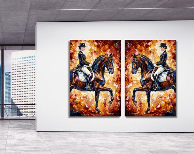 Set of 2 Dressage Horse Rider Canvas Prints: Equestrian Oil Painting Palette Knife Poster