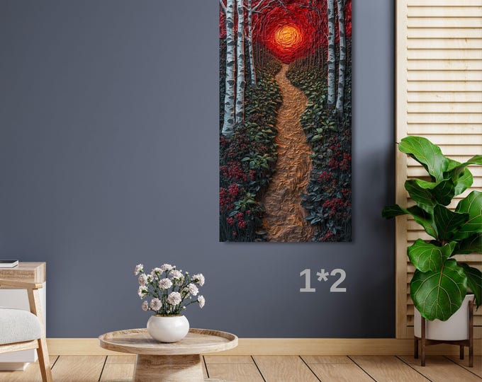 Red Sunset Forest Path Canvas Wall Art – Vertical Nature Landscape Decor