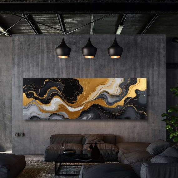 Panoramic Abstract Canvas Wall art, White Yellow blue Marble Canvas, Luxury Art, Abstract Decor, Abstract wall art Canvas, Contemporary Art