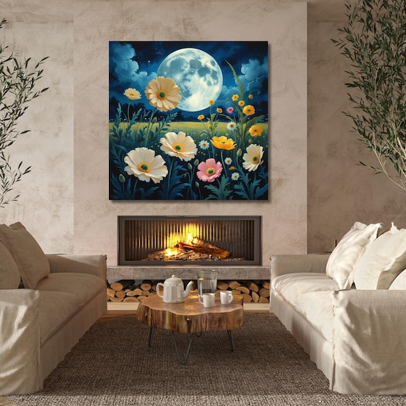 Full Moon Wildflower Digital, Flower Garden Flower Market canvas, Moonlit Pine Tree Forest wall Art, Rustic Mountain Art, Digital Klimt Gift
