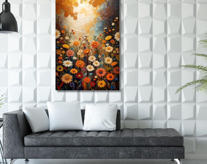 Vibrant Wildflower Garden Canvas Art, Sunrise Sunset Klimt Inspired Wall Art