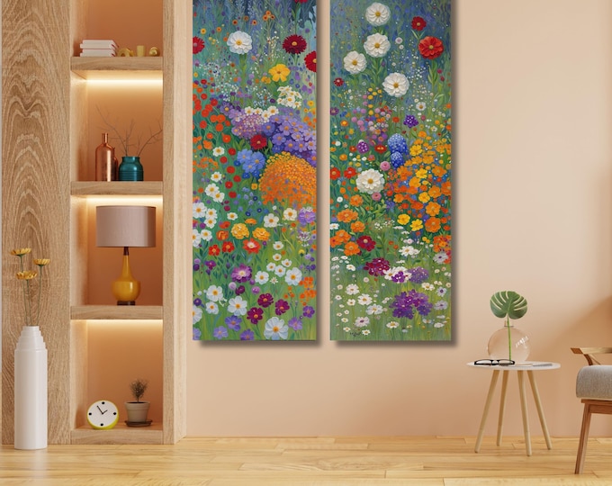 Set of 2 Panoramic Klimt Style Wildflower Garden Tall Narrow Canvas,Botanical Nature Wall Art, Rustic Floral Vertical Print Hallway art gift