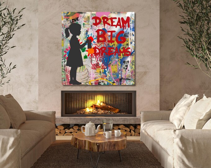 Banksy Wall Art: Dream Big Girl Print - Framed Canvas Decor