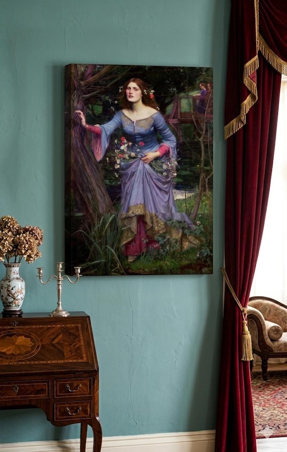 Ophelia in Blue Dress Canvas Wall Art, Preraffaelite Inspired Woman Painting, Shakespearean Character Art, Moody Female Portrait Print