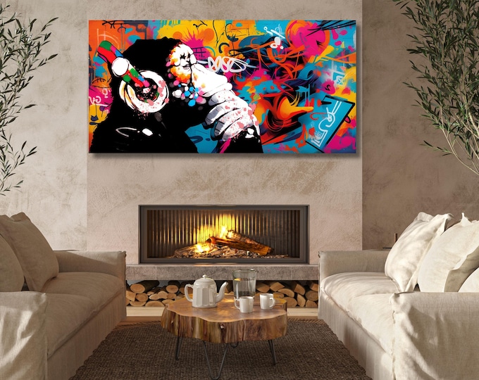 Banksy DJ Monkey Graffiti Canvas Wall Art, Music Thinker Gorilla Print