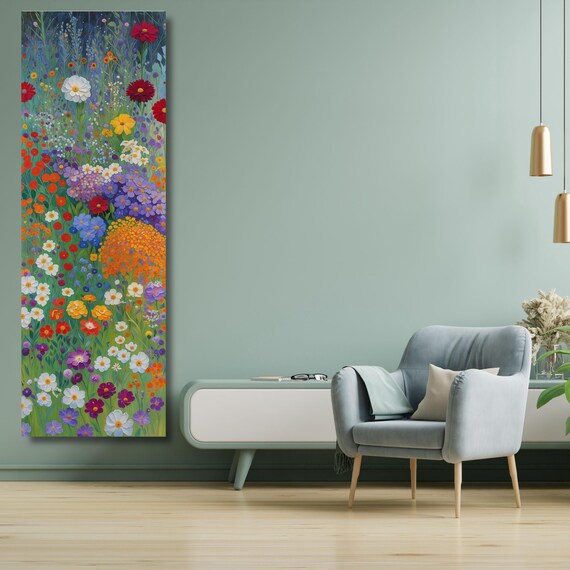 Klimt Style Wildflower Garden Tall Narrow Canvas, Botanical Nature Wall Art, Rustic Floral Vertical Print for Hallway or Bedroom art gift