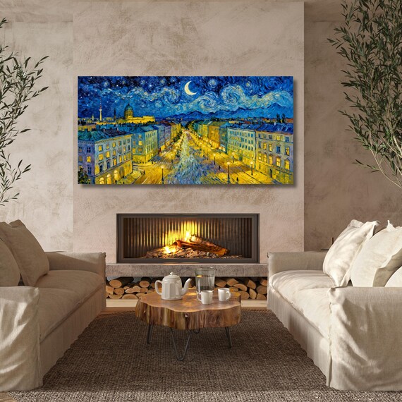 Berlin at Night in the Style of Van Gogh – Starry Night Inspired Canvas Wall Art Ready to Hang/ poster City Night Wall Art