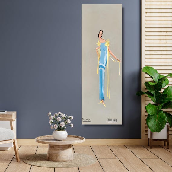 Art Deco Fashion Canvas Art, Blue Flapper Dress Illustration, 1920s Vintage French Style Wall Decor, Narrow Vertical Retro Poster