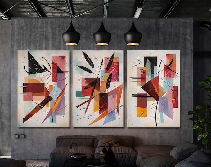Wassily Kandinsky Style Abstract Triptych, 3 Piece Geometric Canvas Wall Art, Bauhaus Inspired Decor, Dynamic Abstract Painting Set