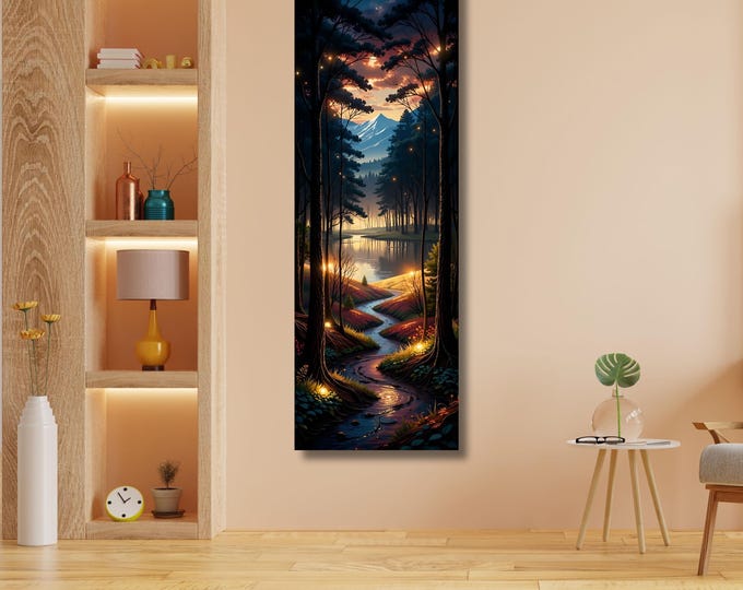 Full Moon Wildflower Canvas Enchanted Forest Firefly Art Print Botanical Wall Art Landscape Canvas Decoration Artful Nature Fireflies Decor
