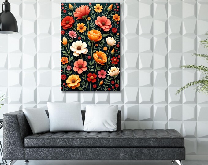 Botanical Wildflower Field Canvas Wall Art, Vintage Dark Green Print, Farmhouse Decor