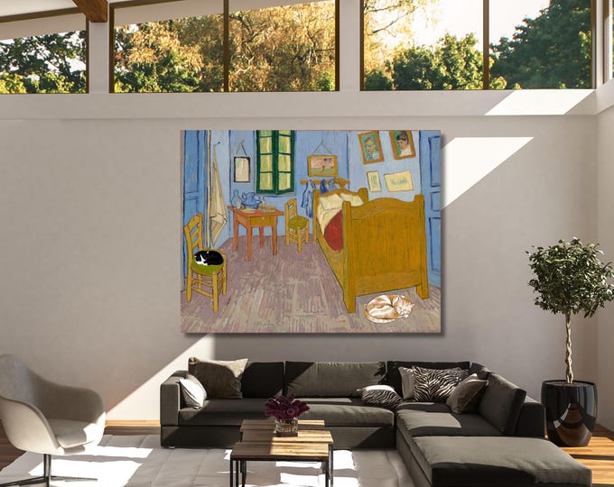 Van Gogh Bedroom in Arles Cat Canvas Wall Art, Vintage Minimalist Print