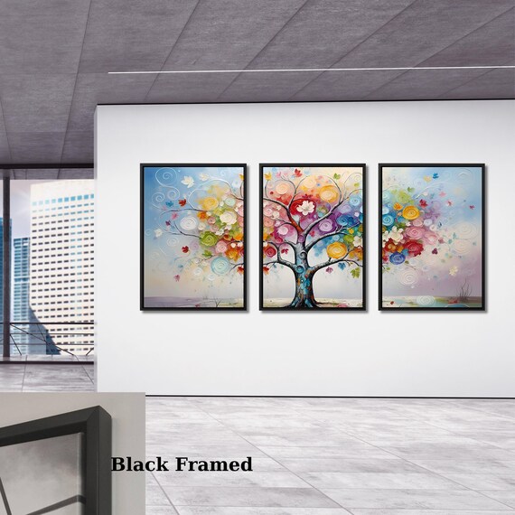 Set of 3 Tree Of Life Canvas Wall Art Klimt style Tree Of Life Boho Living room Wall Decor Maximalist, Nature Lover Stained Glass Effect