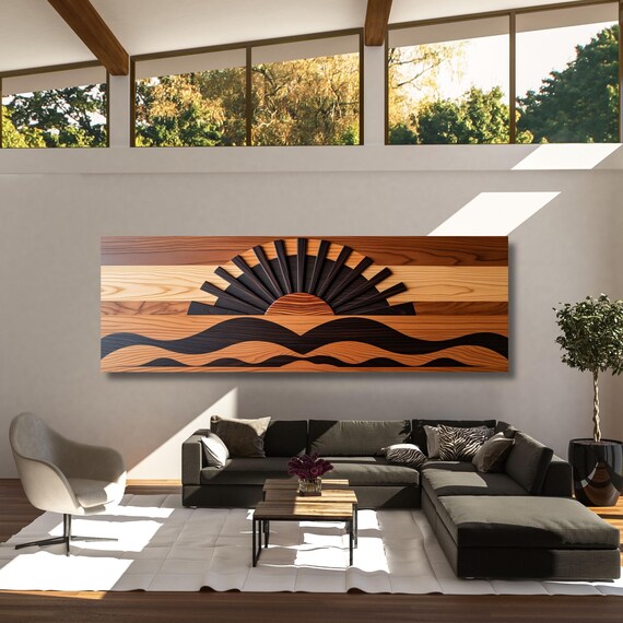 Boho Sunrise Canvas Wall Art – Wood Look Sun Print for Bedroom or Office – Natural Above Bed Decor – Earthy Bohemian Home Gift Print art