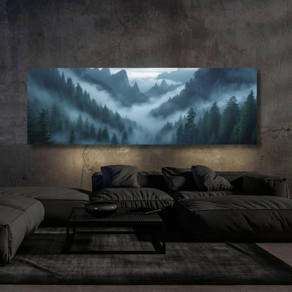 Panoramic Forest mountains Canvas Wall print misty foggy mountains photography green forest landscape print large nature wall Exhibition art