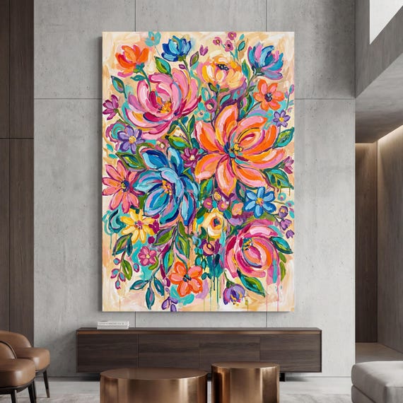 Vibrant Floral Abstract Canvas Art, Colorful Bouquet Wall Decor, Modern Impressionist Flower Painting