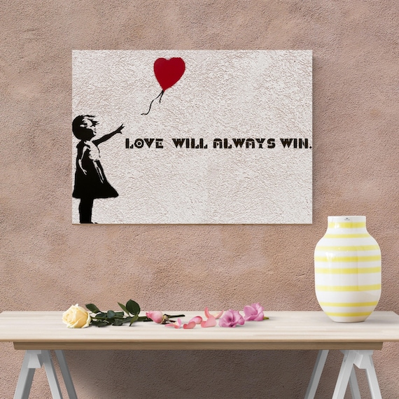 Banksy Love Will Always Win Canvas Wall Art, Girl with Heart Balloon Graffiti, Framed Ready to Hang Modern Street Art, Inspirational Poster